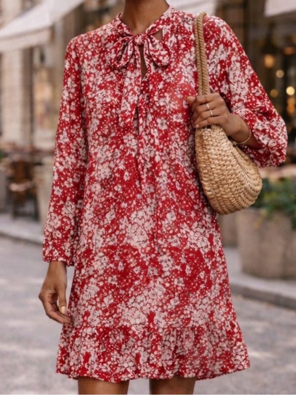 SUNDAYS Parisian Red Cherry Blossom Floral Coquette Cottagecore Tie-Neck Dress M